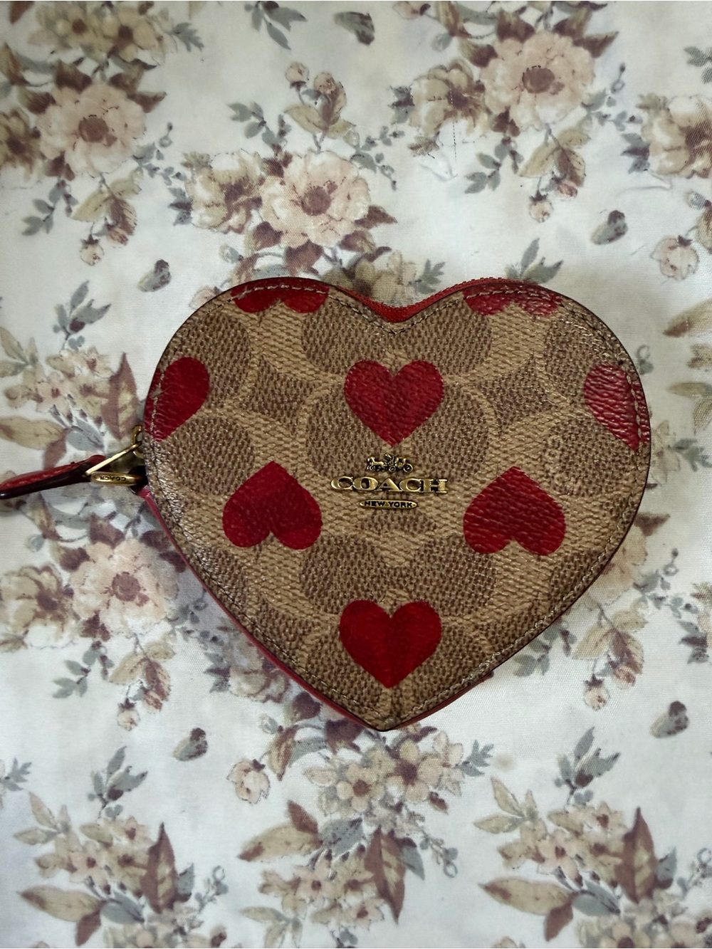 Coach Heart-Shaped Signature Wristlet in Red and Tan
